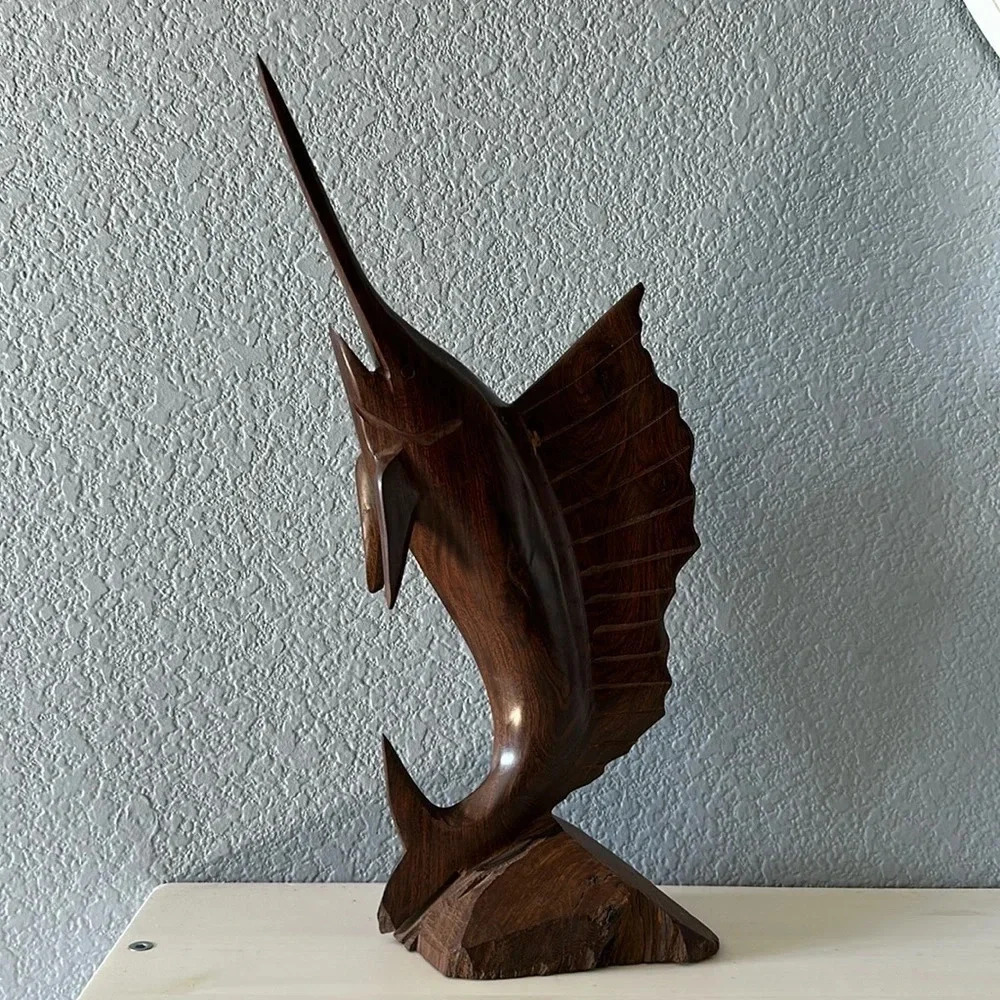 Iron Wood Marlin Sailfish Swordfish Hand Carved Statue Mid Century Modern